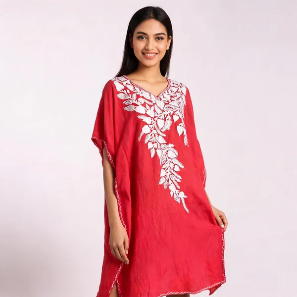 Red_Cotton_Crush_Relaxed_Fit_Floral_Embroidered_Kaftan_For_Women