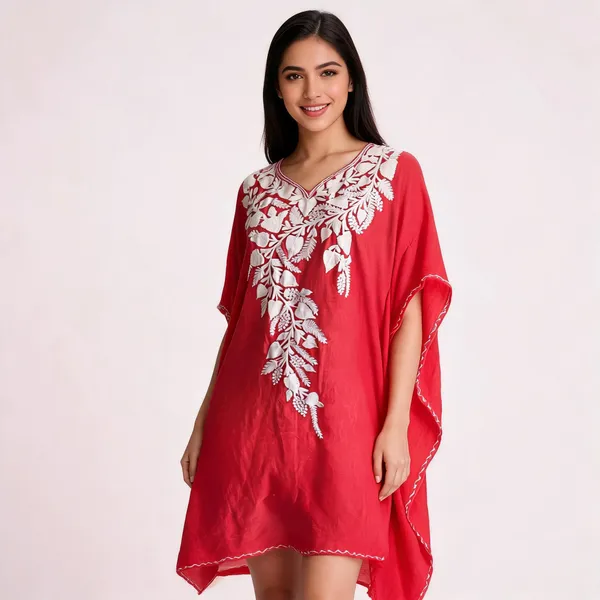 Red_Cotton_Crush_Relaxed_Fit_Floral_Embroidered_Kaftan_For_Women