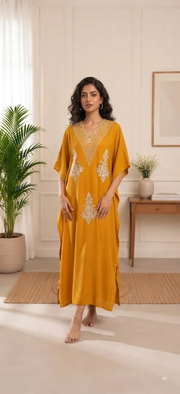 Yellow_Cotton_Relaxed_Fit_Embroidered_Kashmiri_Kaftan_For_Women