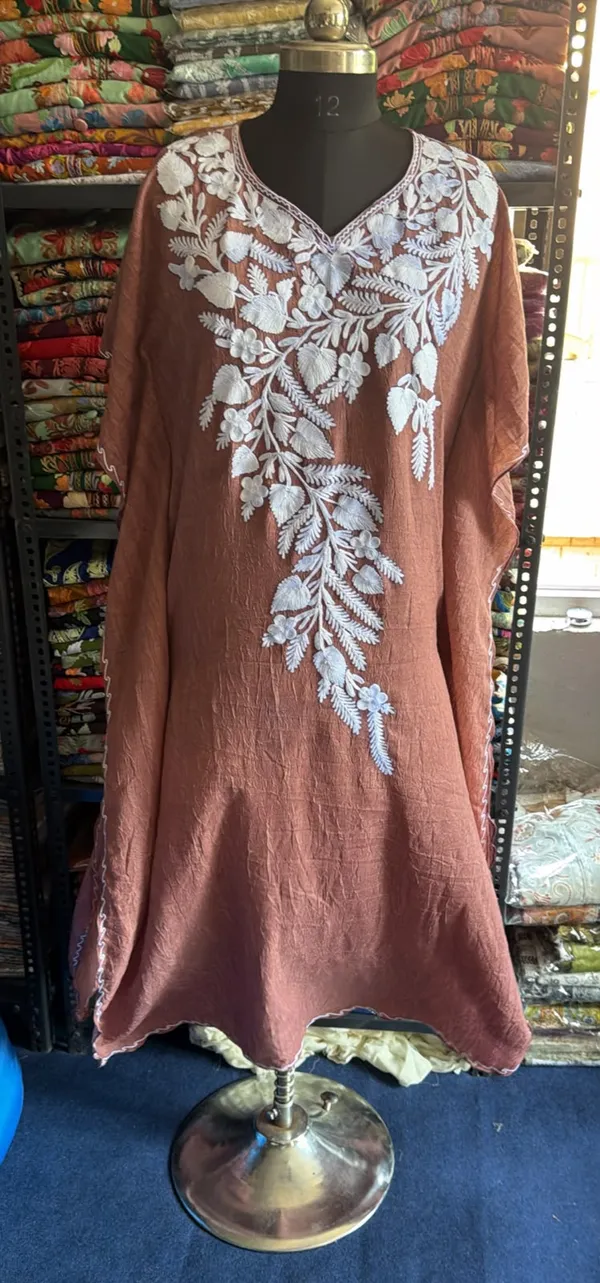 Brown_Cotton_Crush_Flared_Floral_Embroidered_Kurta_For_Women