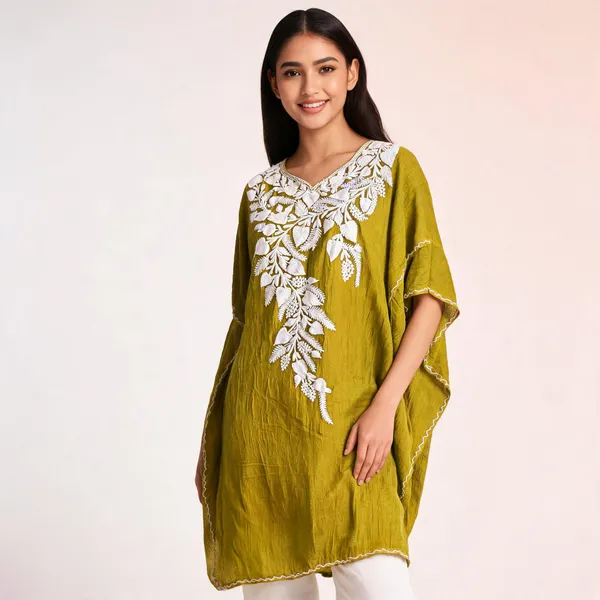 Olive_Green_Cotton_Crush_Relaxed_Fit_Floral_Embroidered_Kaftan_For_Women