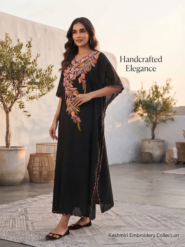 Black_Cotton_Crush_Relaxed_Fit_Floral_Embroidered_Kashmiri_Kaftan_For_Women