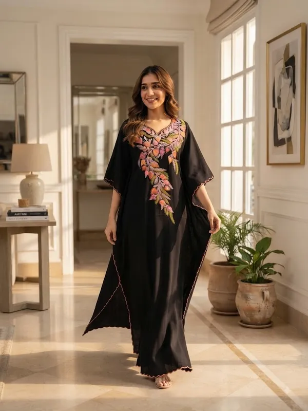 Black_Cotton_Crush_Relaxed_Fit_Floral_Embroidered_Kashmiri_Kaftan_For_Women