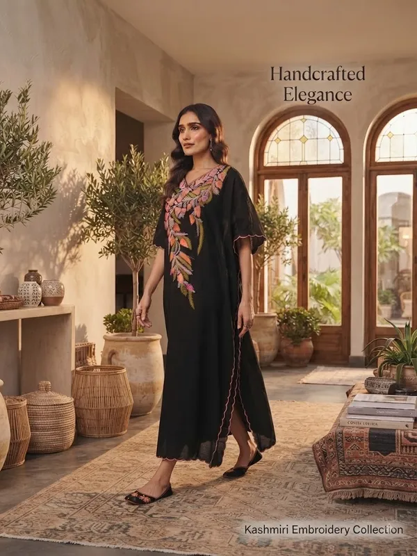 Black_Cotton_Crush_Relaxed_Fit_Floral_Embroidered_Kashmiri_Kaftan_For_Women