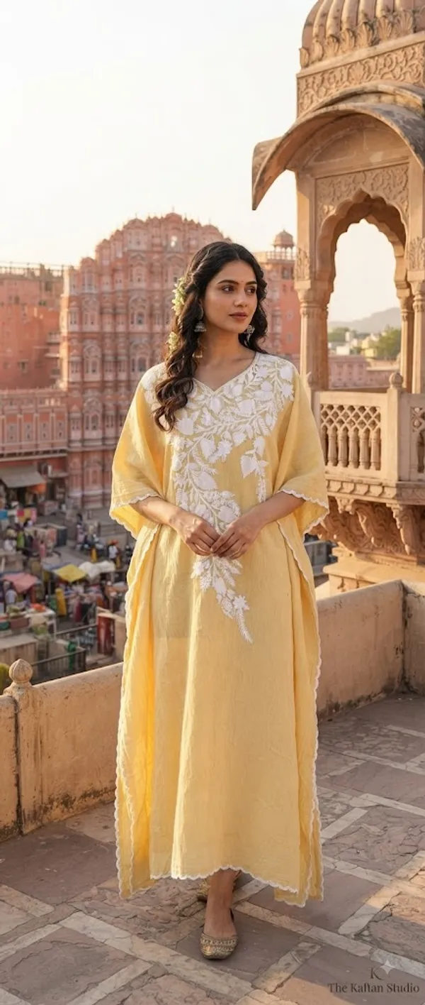 Yellow_Cotton_Crush_Relaxed_Fit_Floral_Embroidered_Kashmiri_Kaftan_For_Women