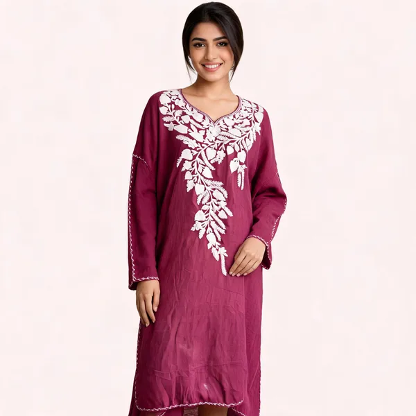Maroon_Cotton_Crush_Straight_Fit_Floral_Embroidered_Kaftan_For_Women
