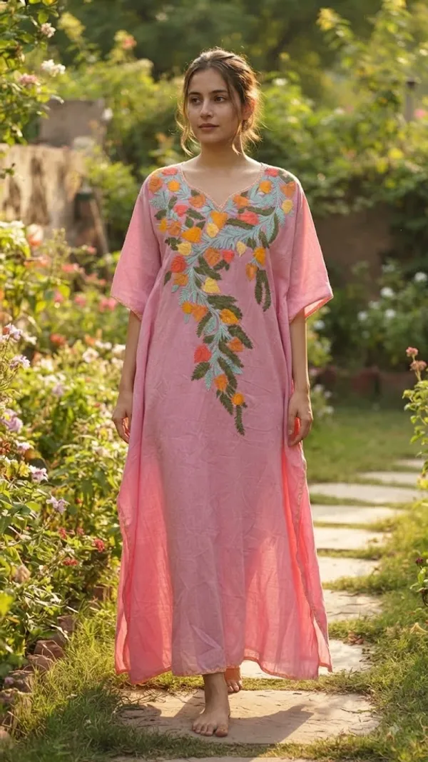 Pink_Cotton_Crush_Relaxed_Fit_Floral_Embroidered_Kashmiri_Kaftan_For_Women
