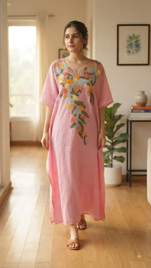Pink_Cotton_Crush_Relaxed_Fit_Floral_Embroidered_Kashmiri_Kaftan_For_Women