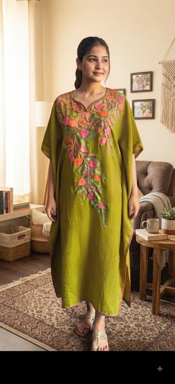Olive_Green_Cotton_Crush_Straight_Floral_Embroidered_Kashmiri_Kaftan_For_Women