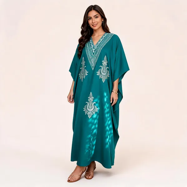 Teal_Cotton_Relaxed_Fit_Embroidered_Kaftan_For_Women