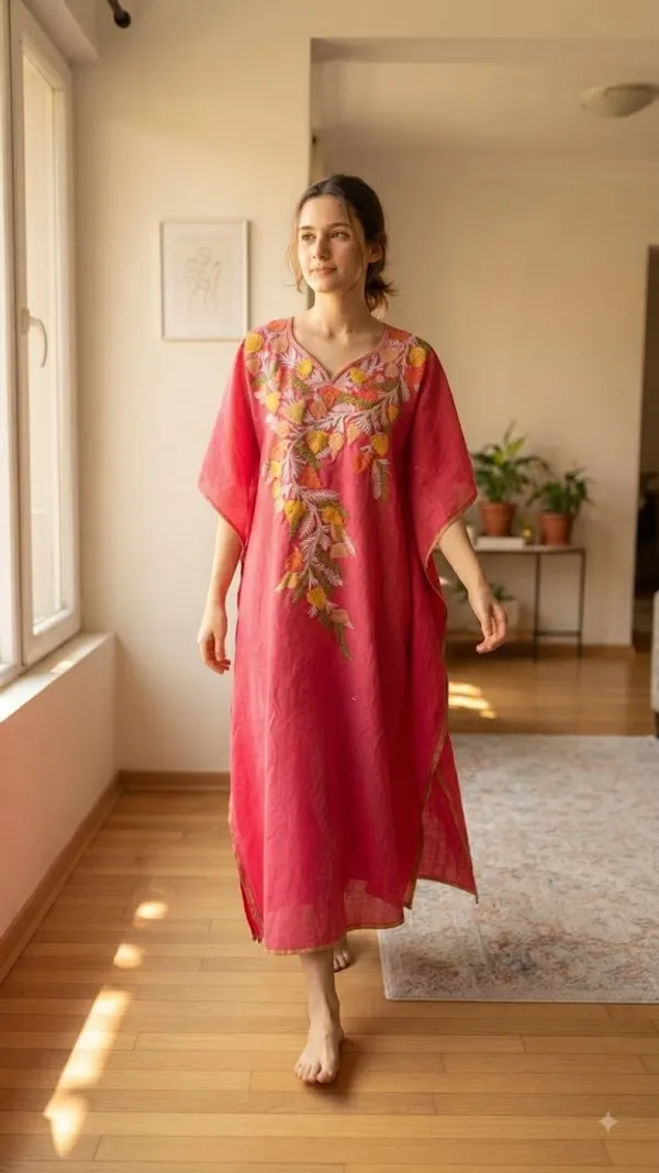 Pink_Cotton_Crush_Relaxed_Fit_Floral_Embroidered_Kashmiri_Kaftan_For_Women