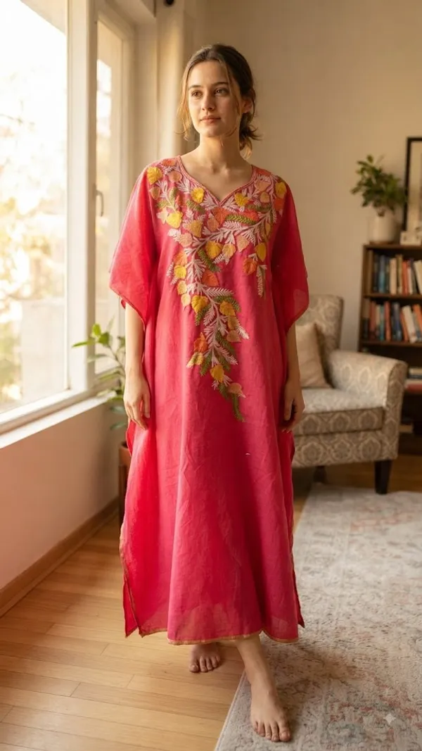Pink_Cotton_Crush_Relaxed_Fit_Floral_Embroidered_Kashmiri_Kaftan_For_Women