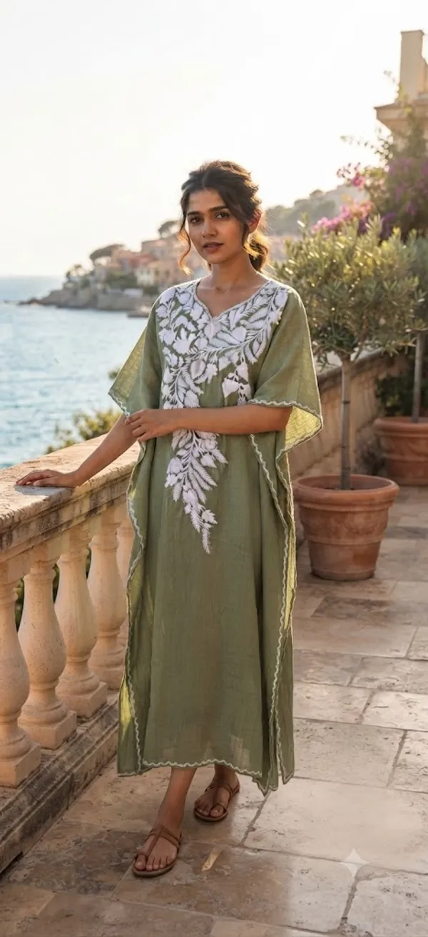 Green_Cotton_Crush_Relaxed_Fit_Floral_Embroidered_Kashmiri_Kaftan_For_Women