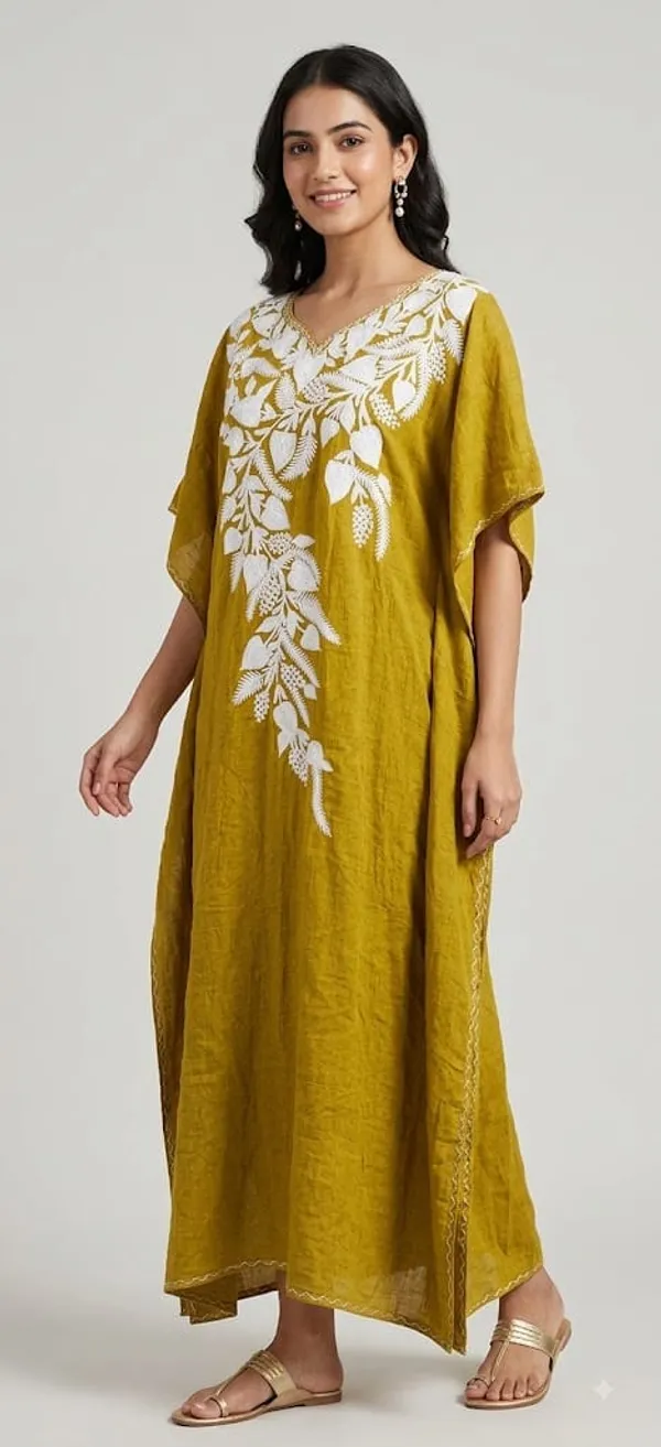 Olive_Green_Cotton_Crush_Relaxed_Fit_Floral_Embroidered_Kashmiri_Kaftan_For_Women