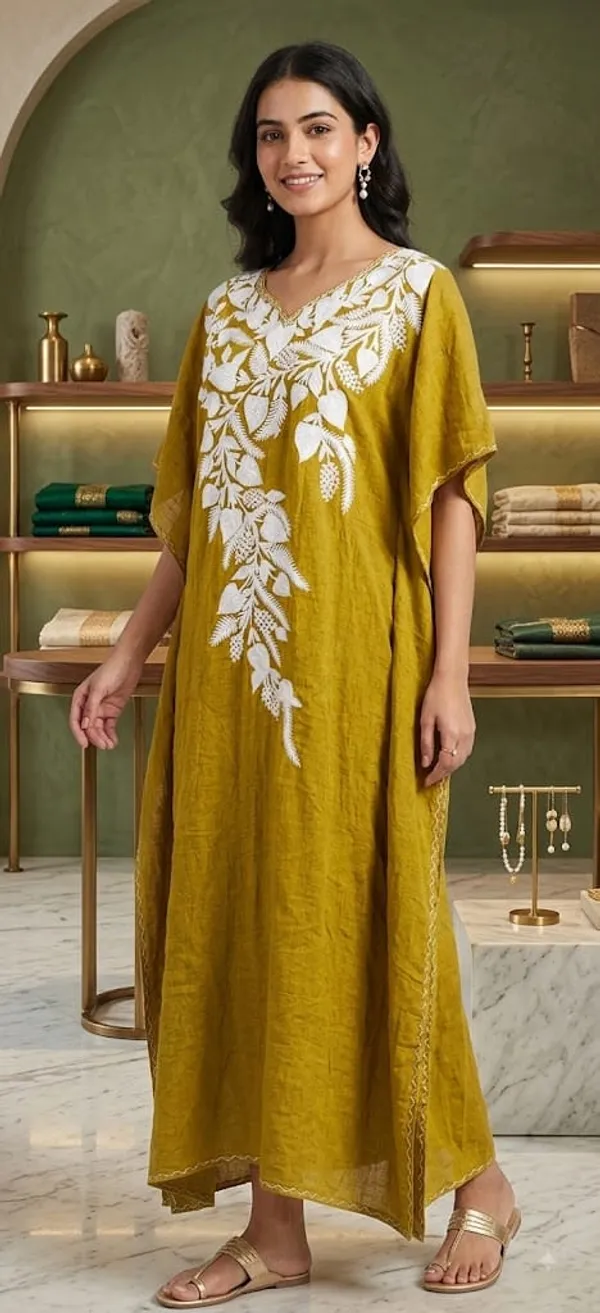 Olive_Green_Cotton_Crush_Relaxed_Fit_Floral_Embroidered_Kashmiri_Kaftan_For_Women