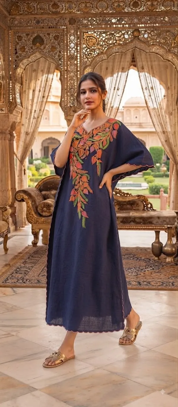 Navy_Blue_Cotton_Crush_A-Line_Floral_Embroidered_Kashmiri_Kaftan_For_Women