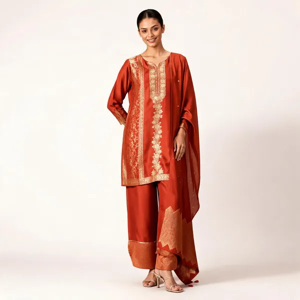 Rust_Banarasi_Embroidered_Straight_Kurta_Set_For_Women