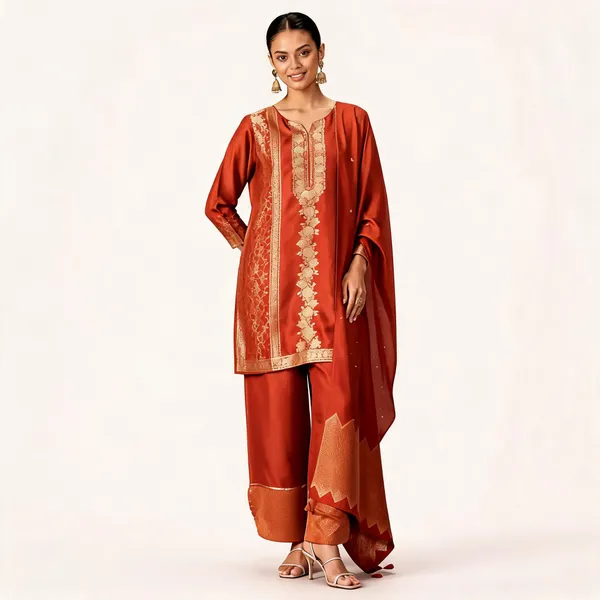 Rust_Banarasi_Embroidered_Straight_Kurta_Set_For_Women