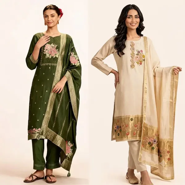 Green_And_Beige_Banarasi_Embroidered_Straight_Suit_Set_For_Women_Pack_Of_2