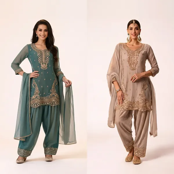 Teal_And_Beige_Tissue_Embroidered_Straight_Three-Piece_Suit_Set_For_Women_Pack_Of_2