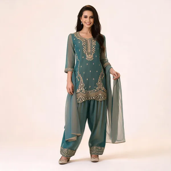 Teal_And_Beige_Tissue_Embroidered_Straight_Three-Piece_Suit_Set_For_Women_Pack_Of_2