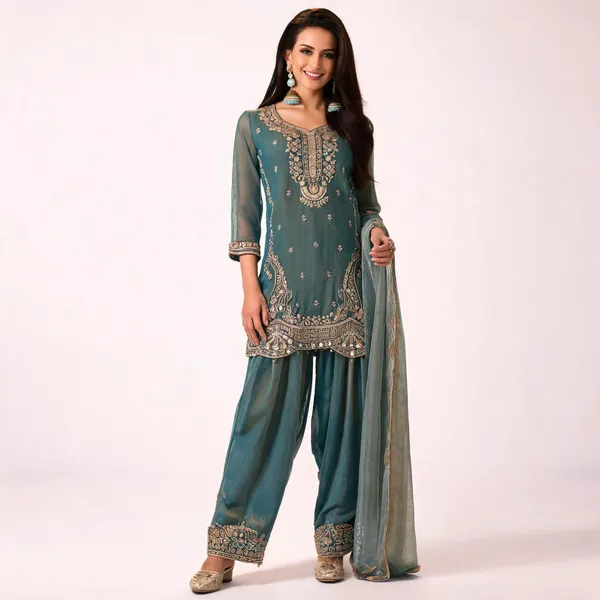 Teal_And_Beige_Tissue_Embroidered_Straight_Three-Piece_Suit_Set_For_Women_Pack_Of_2