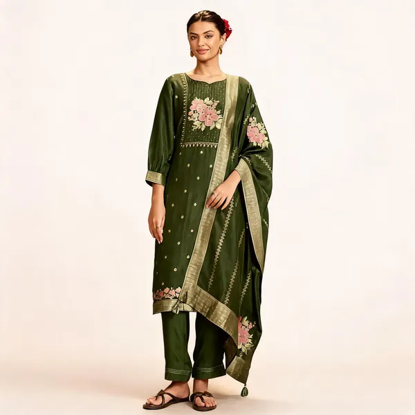 Green_And_Beige_Banarasi_Embroidered_Straight_Suit_Set_For_Women_Pack_Of_2