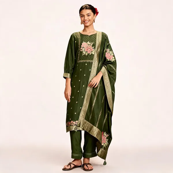 Green_And_Beige_Banarasi_Embroidered_Straight_Suit_Set_For_Women_Pack_Of_2