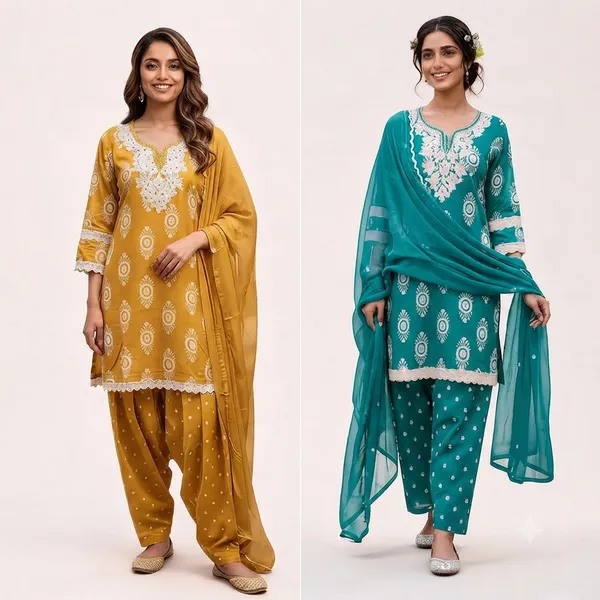 Mustard_And_Teal_Cotton_Embroidered_Straight_Salwar_Suit_Set_For_Women_Pack_Of_2
