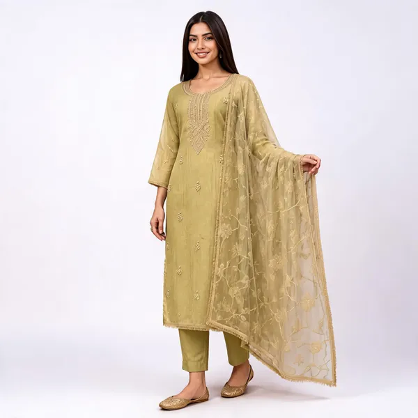 Olive_Tissue_Embroidered_Straight_Kurta_Set_For_Women