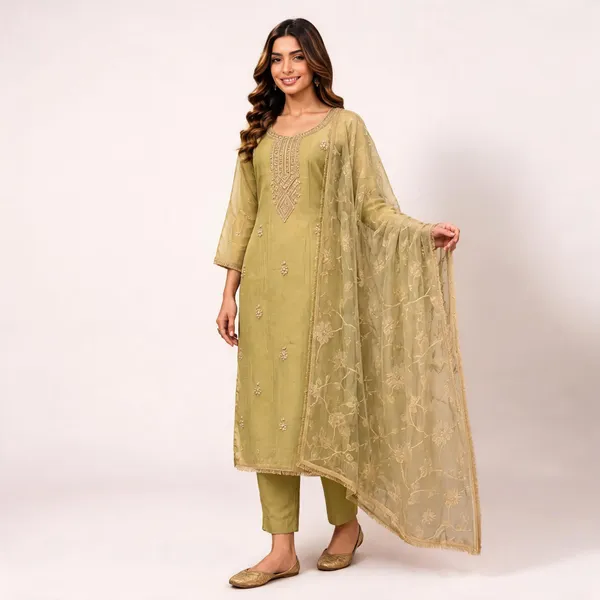 Olive_Tissue_Embroidered_Straight_Kurta_Set_For_Women
