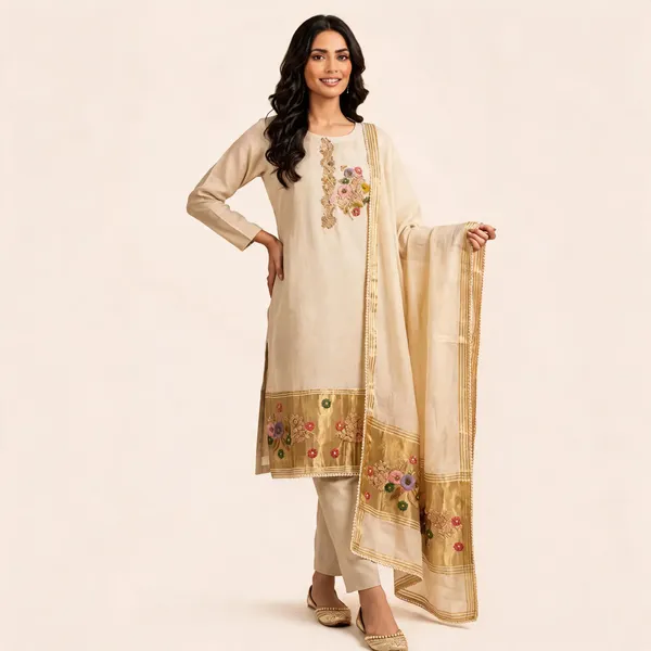 Green_And_Beige_Banarasi_Embroidered_Straight_Suit_Set_For_Women_Pack_Of_2