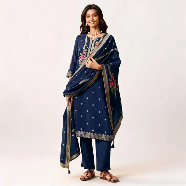 Navy_Blue_Banarasi_Straight_Kurta_Set_For_Women