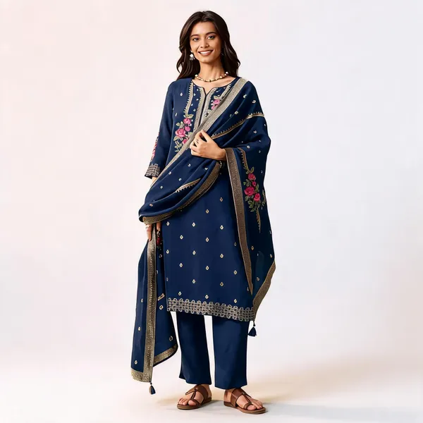 Navy_Blue_Banarasi_Straight_Kurta_Set_For_Women