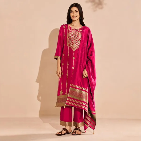 Magenta_Raw_Silk_Embroidered_Kurta_Set_For_Women