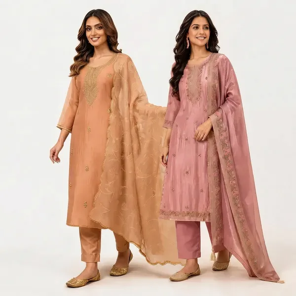 Peach_And_Pink_Tissue_Embroidered_Straight_Suit_Set_For_Women_Pack_Of_2