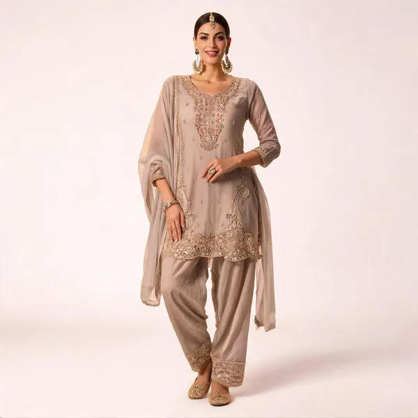 Teal_And_Beige_Tissue_Embroidered_Straight_Three-Piece_Suit_Set_For_Women_Pack_Of_2