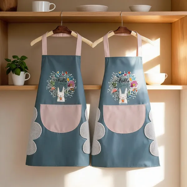 Teal_Blue_And_Pink_Pvc_Floral_Print_Kitchen_Apron_Pack_Of_2
