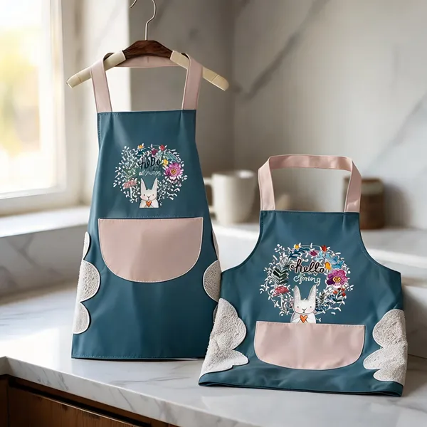 Teal_Blue_And_Pink_Pvc_Floral_Print_Kitchen_Apron_Pack_Of_2
