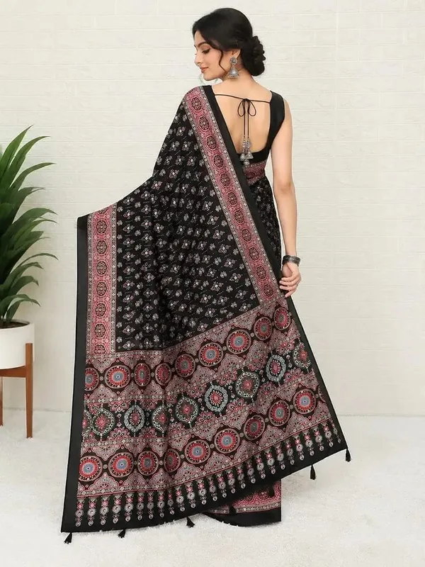 New_Launching_Designer_Ajarakh_Print_Along_With_Real_Mirror_Work_Along_With_Fancy_Printed_Blouse_With_Piping_And_Heavy_Latkans_Saree