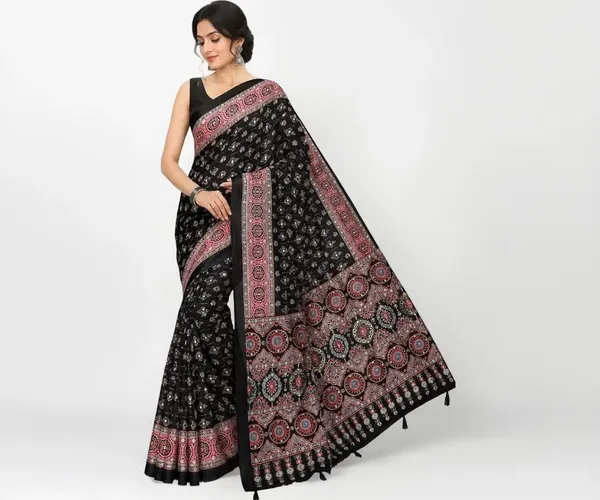 New_Launching_Designer_Ajarakh_Print_Along_With_Real_Mirror_Work_Along_With_Fancy_Printed_Blouse_With_Piping_And_Heavy_Latkans_Saree