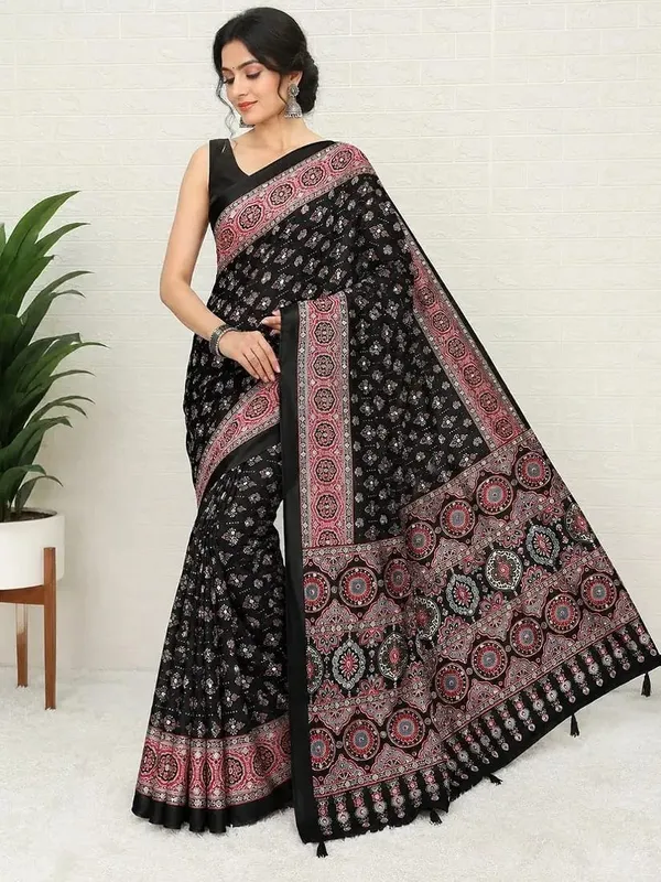 New_Launching_Designer_Ajarakh_Print_Along_With_Real_Mirror_Work_Along_With_Fancy_Printed_Blouse_With_Piping_And_Heavy_Latkans_Saree