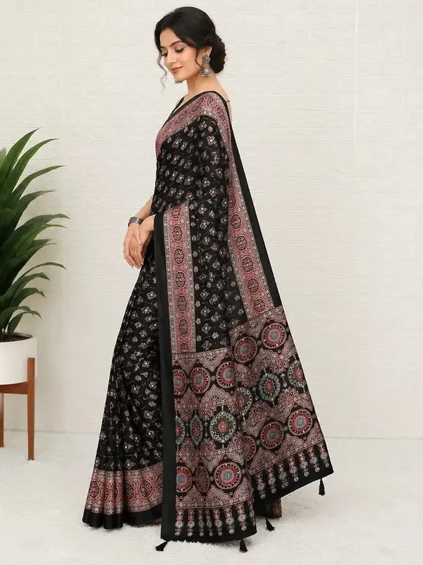 New_Launching_Designer_Ajarakh_Print_Along_With_Real_Mirror_Work_Along_With_Fancy_Printed_Blouse_With_Piping_And_Heavy_Latkans_Saree