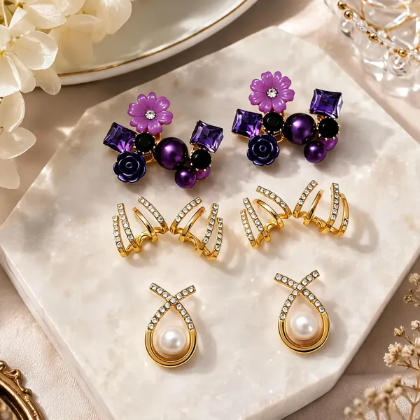 Gold_Pearl_&_Crystal_Rhinestone_&_Beads_&_Alloy_Earrings_For_Women_(Pack_of_3_)