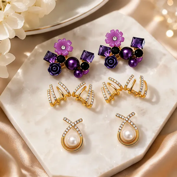 Gold_Pearl_&_Crystal_Rhinestone_&_Beads_&_Alloy_Earrings_For_Women_(Pack_of_3_)