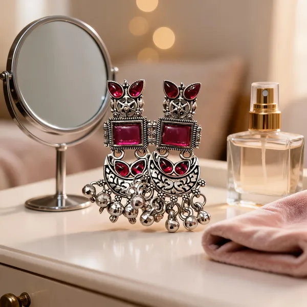 Silver_&_Red_Alloy_Jhumka_Earrings_For_Women
