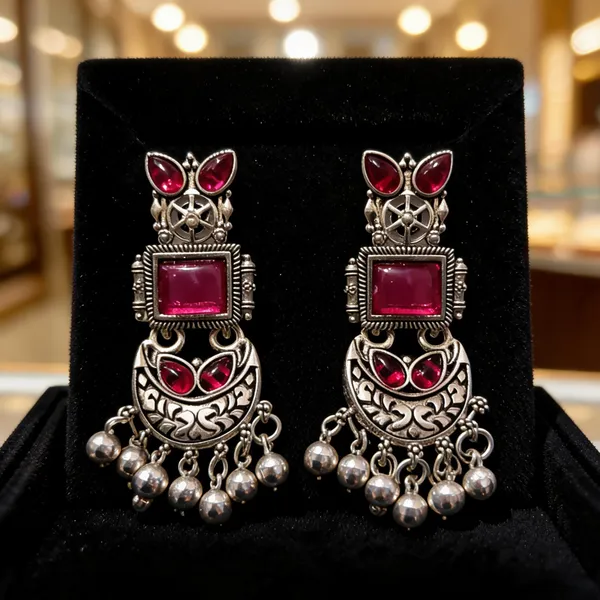 Silver_&_Red_Alloy_Jhumka_Earrings_For_Women