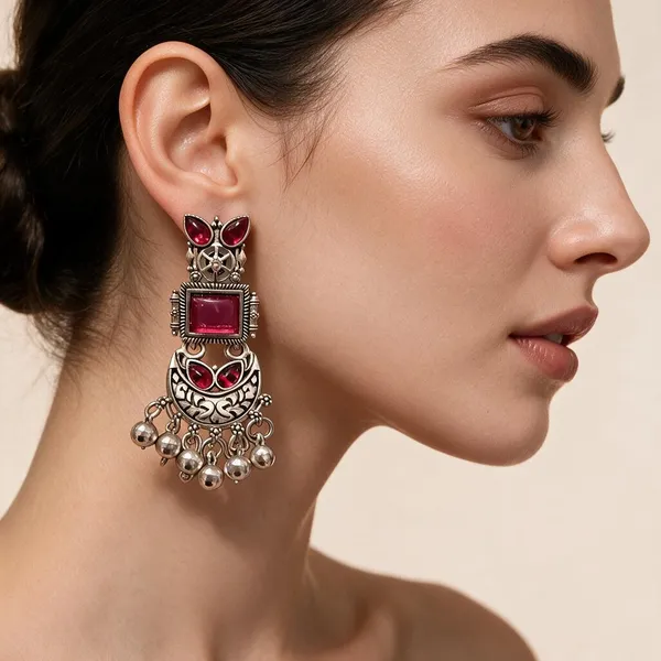 Silver_&_Red_Alloy_Jhumka_Earrings_For_Women