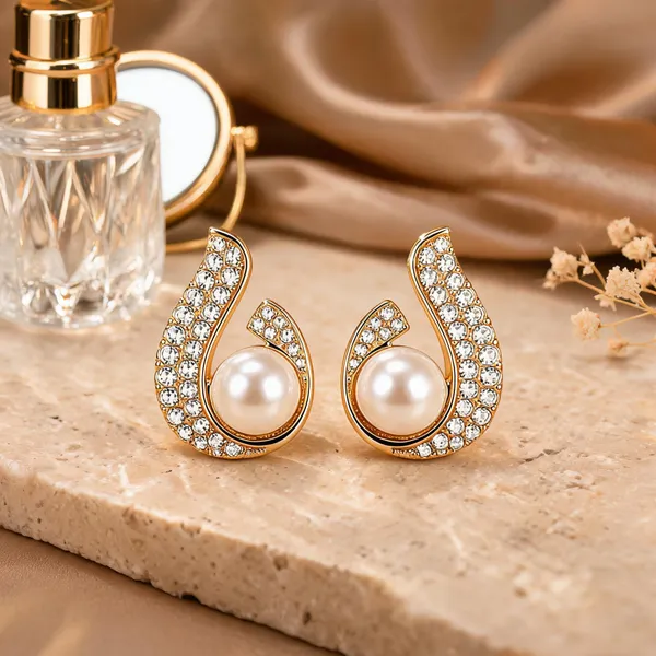 Gold_Pearl_&_Crystal_Rhinestone_&_Alloy_Stud_Earrings_For_Women