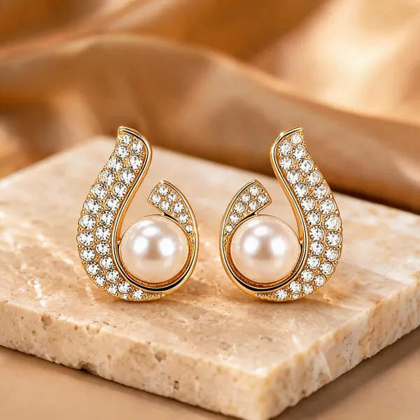 Gold_Pearl_&_Crystal_Rhinestone_&_Alloy_Stud_Earrings_For_Women